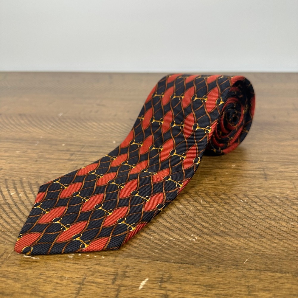 Brooks Brothers Tie Men Navy Red Silk Equestrian Horsebit Link Print Made in USA